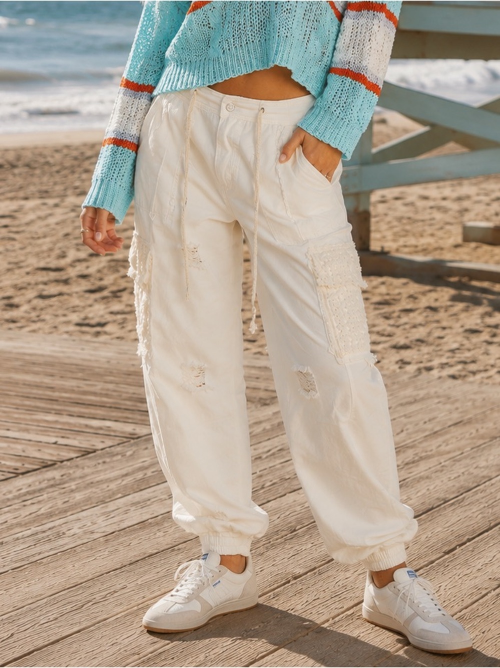 🍒 POL “ Salt Air Jogger “ Crochet Cargo Pants | Off White